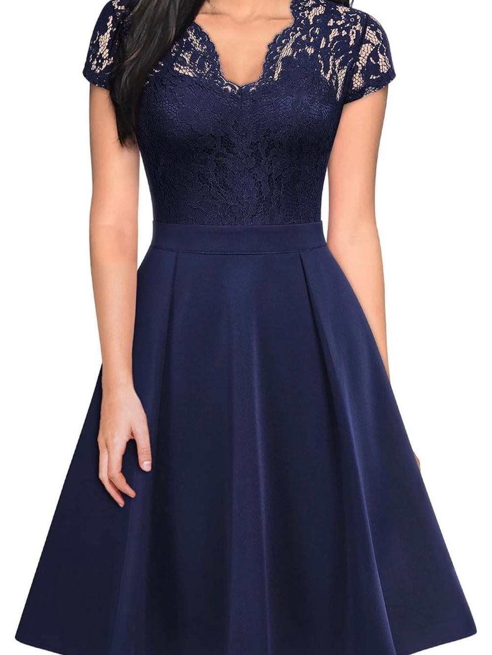 Elegant Navy Lace Fit & Flare Dress - Picture 2 of 7